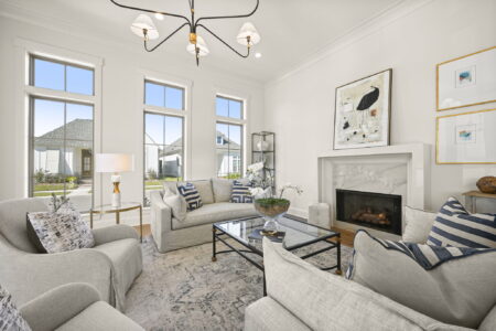 Living room interior of the home at Lot 71 in The Lakes at Harveston.