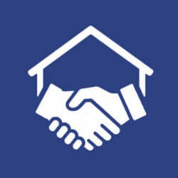 Home financing icon featuring a handshake beneath a house roof.