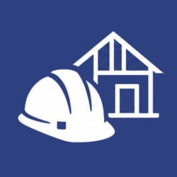 Construction management icon with hard hat and home framing.