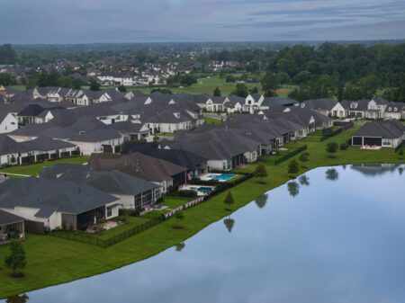 View of The Lakes at Harveston with the golf course in the distance.