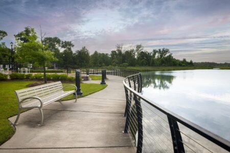 Walking path along the lake in The Lakes at Harveston in Baton Rouge.