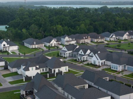 Homes in The Lakes at Harveston - aerial view.
