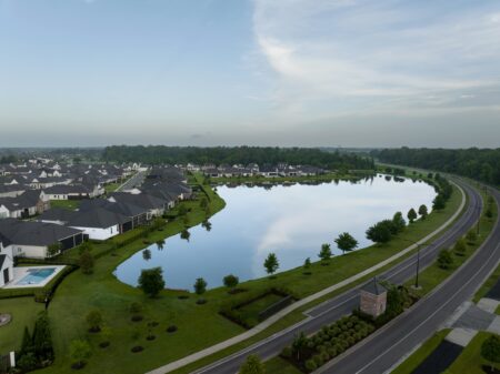 Aerial view of the Lakes at Harveston homes with the University Golf Course in the distance.